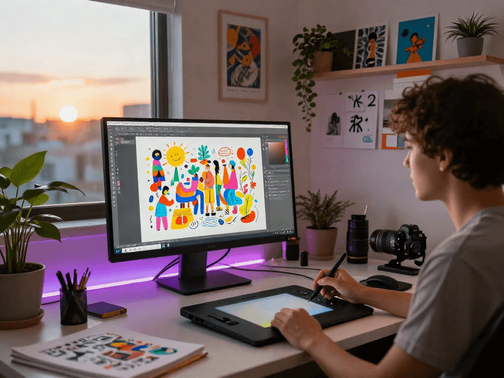 Dynamic digital art studio where an artist creates nsfw ai illustrations, showcasing creativity and innovation.