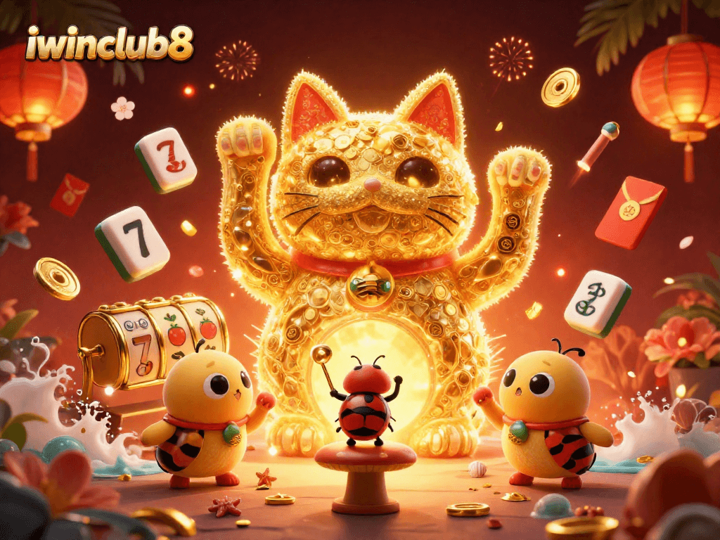 Engage with vibrant 3D illustration showcasing iwinclub8, featuring a lucky cat and casino elements.