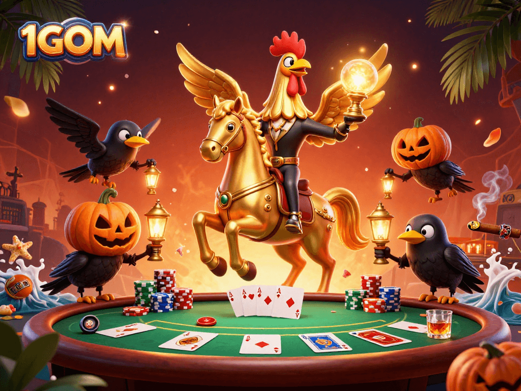 Experience thrilling moments at 1GOM casino featuring a golden rooster in a vibrant gaming scene.