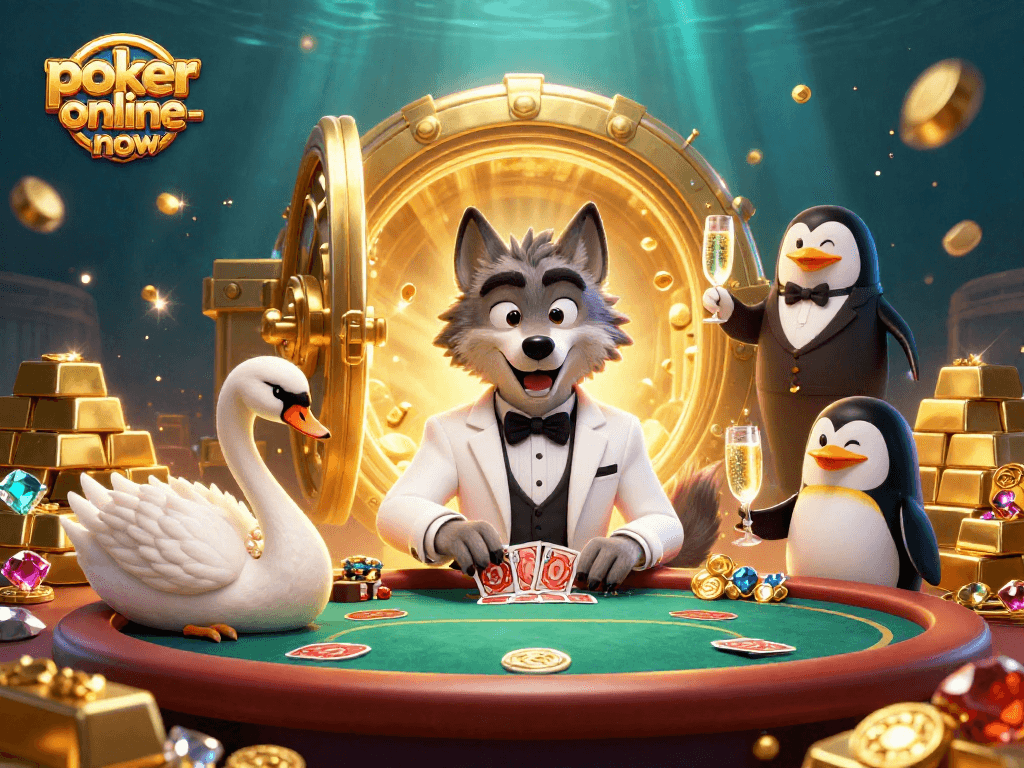 Engage with poker-online-now in a vibrant casino scene with charming characters and dazzling treasures.
