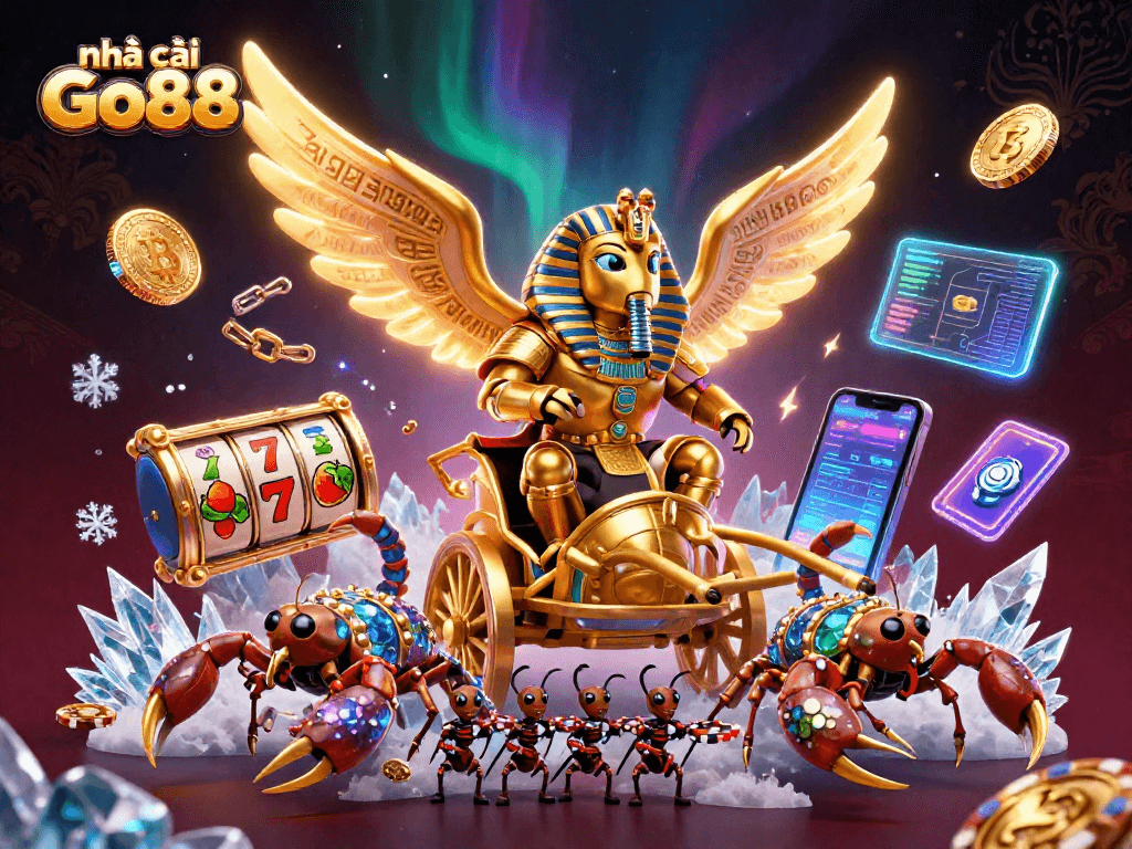 Bet on the exciting nhà cái Go88 with a 3D scene showcasing a golden scarab beetle and vibrant slot elements.