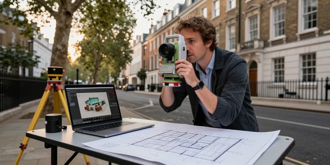 Measured building surveys london with professional surveyor using laser scanner and detailed plans in urban setting.