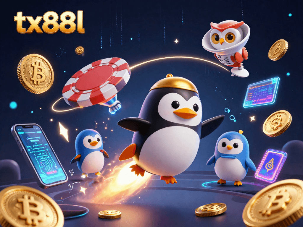 Experience an exciting tx88l gaming adventure featuring a golden penguin in a vibrant casino-themed scene.