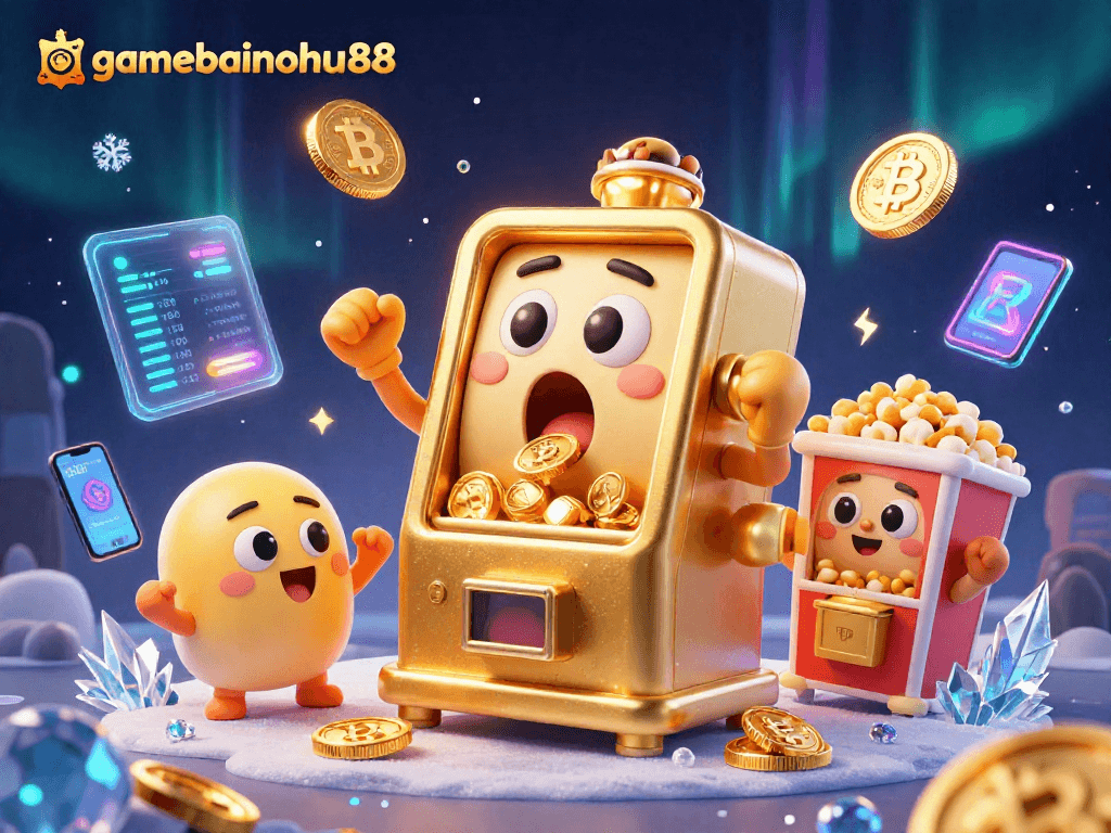 Gamebainohu88 showcases an exciting jackpot scene with glowing crypto coins and lively slot machines.