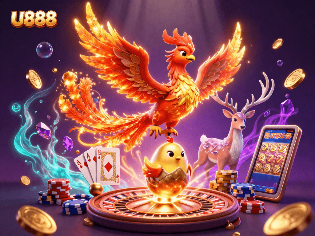 Experience U888's vibrant casino adventure with phoenixes and dynamic gaming elements.
