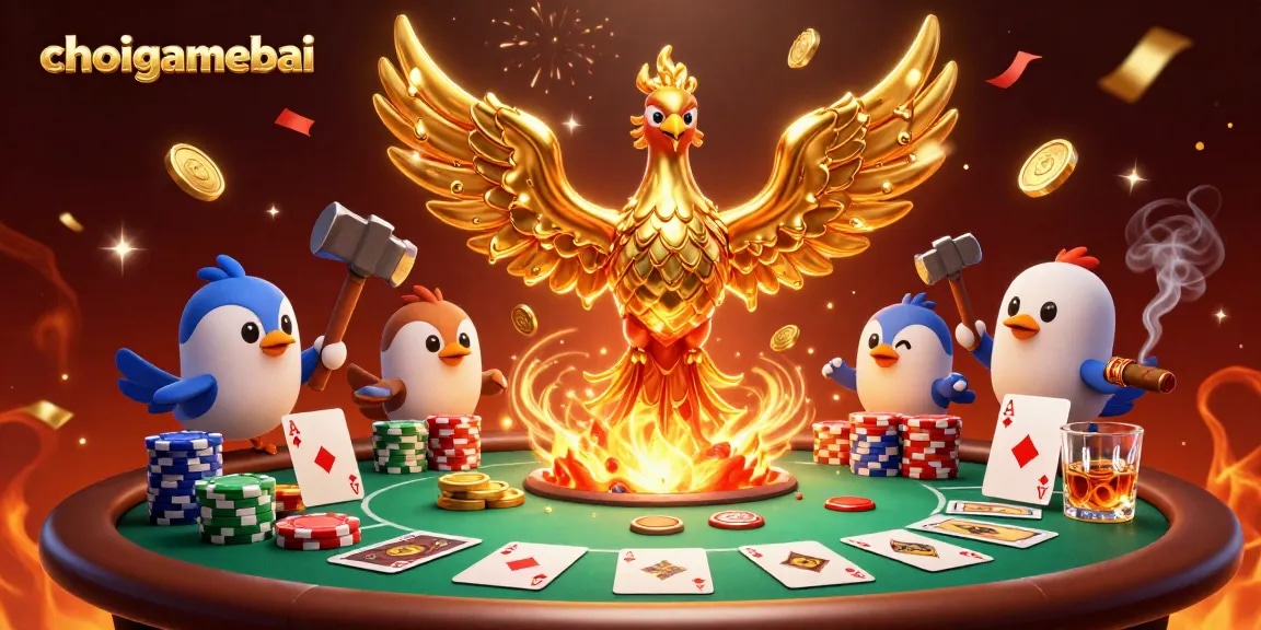 Experience high-stakes poker action with choigamebai's mesmerizing golden phoenix and gameplay elements!