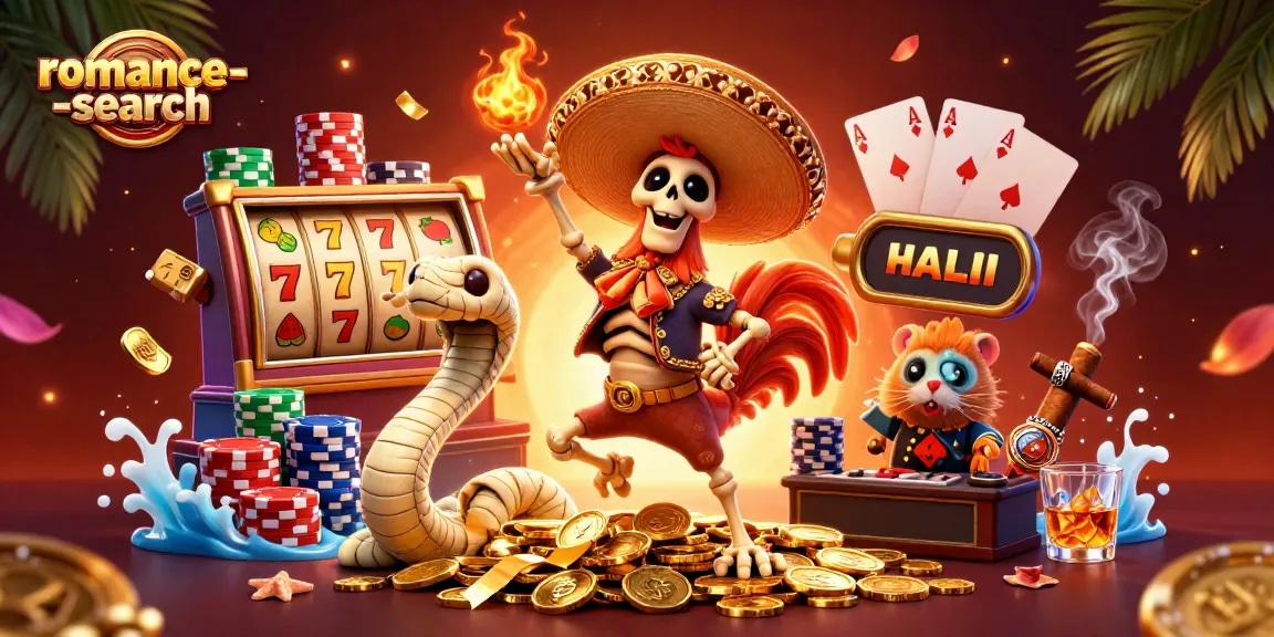 Gather around the vibrant scene featuring a dancing skeleton, mummy snake, and zombie hamster DJ at the romance-search casino.