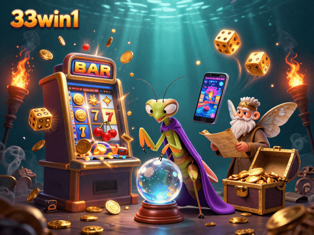 Engage in thrilling casino adventures with 33win1 as a vibrant scene showcases fortune tellers and slot machines.