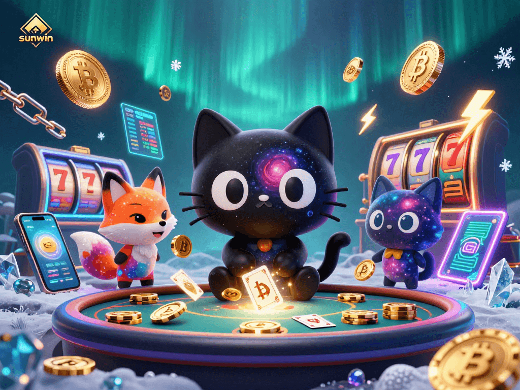Experience the thrill of sunwin casino with a cosmic cat and colorful fox amidst vibrant gaming elements.