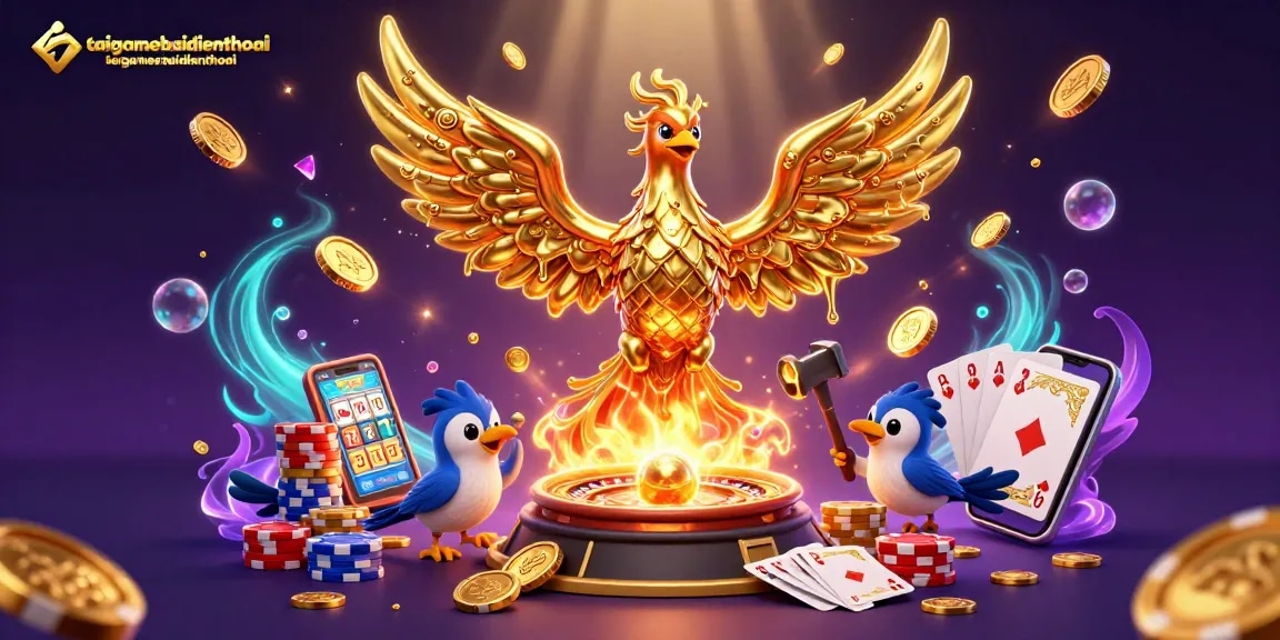 Experience the magic of taigamebaidienthoai with golden phoenix and vibrant casino elements.