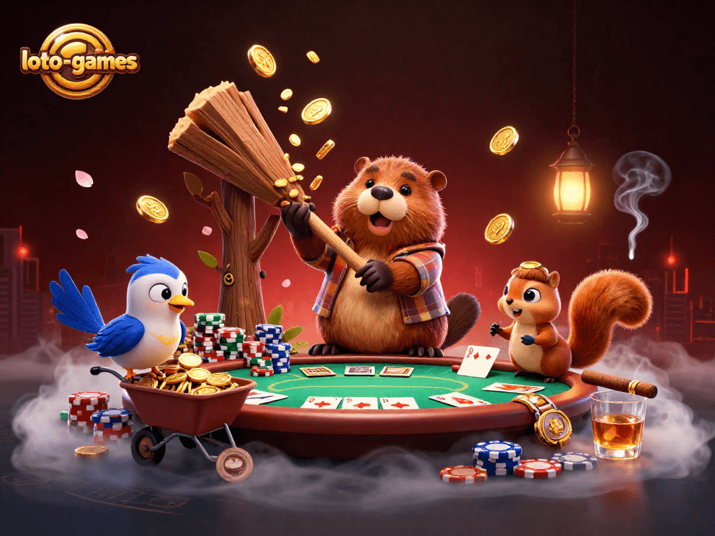 Loto-games features a vibrant 3D scene with a lumberjack beaver, bird, and squirrel showcasing poker elements in a whimsical, gold-coin rain.