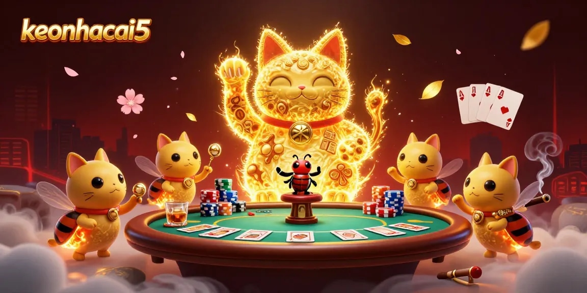 Experience keonhacai5 with a vibrant illustration of a rich casino scene featuring poker elements.