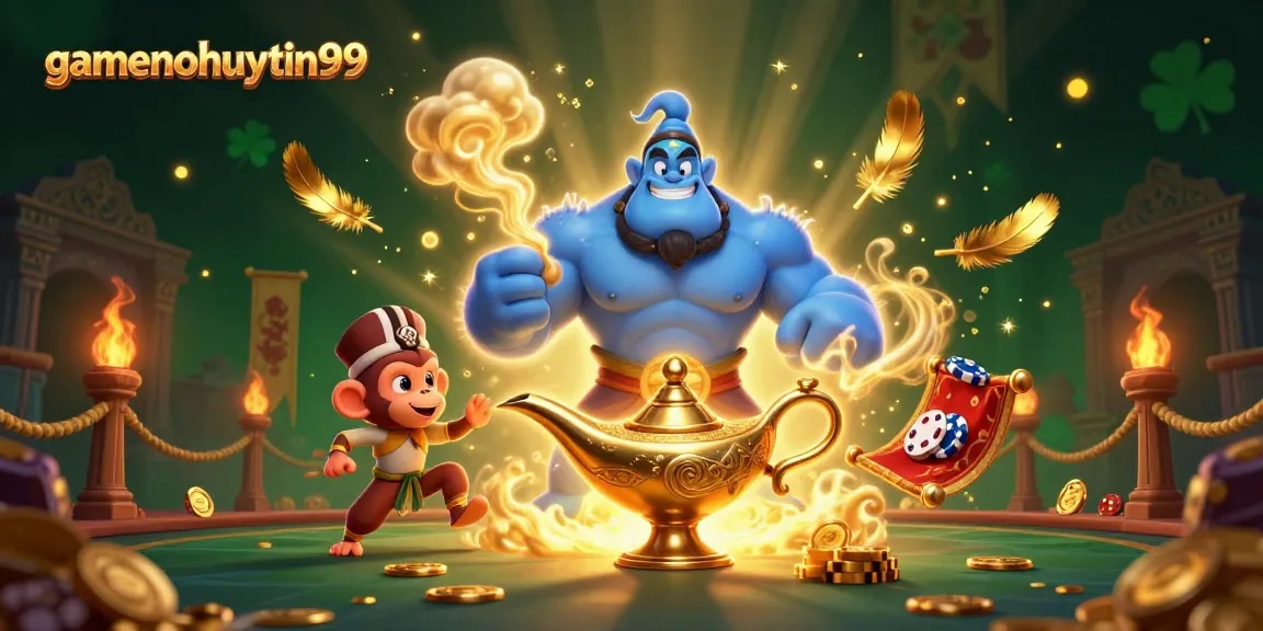 Spin fortunes at gamenohuuytin99 with a vibrant 3D casino scene featuring a genie and magical elements.