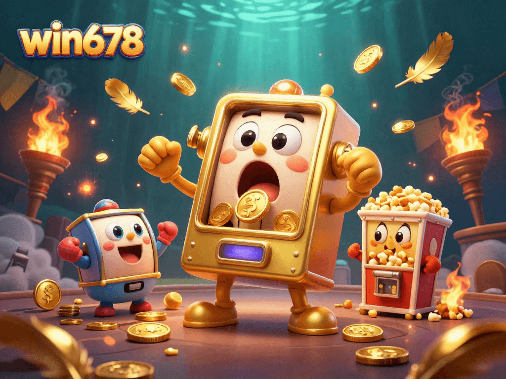 Win678 slot machine celebrates its jackpot as coins pour out, surrounded by cheering machines and dynamic casino elements.
