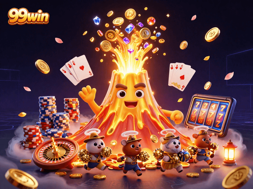 Experience the thrill of 99win with a vibrant 3D casino scene filled with treasure and energy.