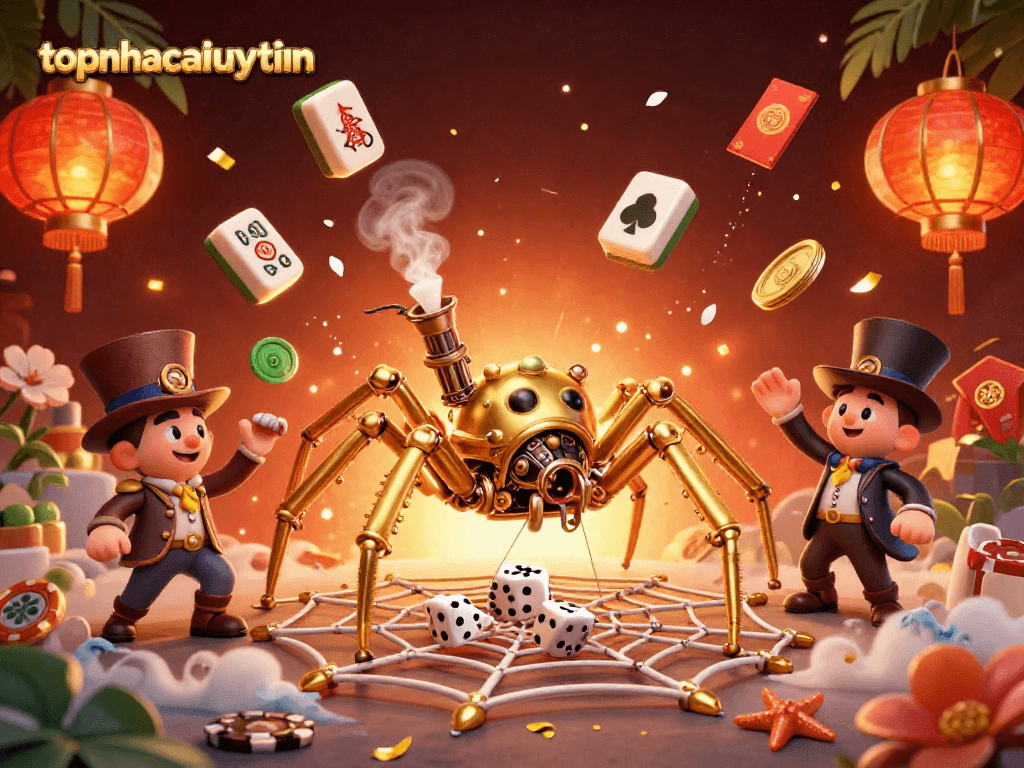 topnhacaiuytinn showcases an ultra-detailed scene of a golden spider capturing dice in a web, vibrant design