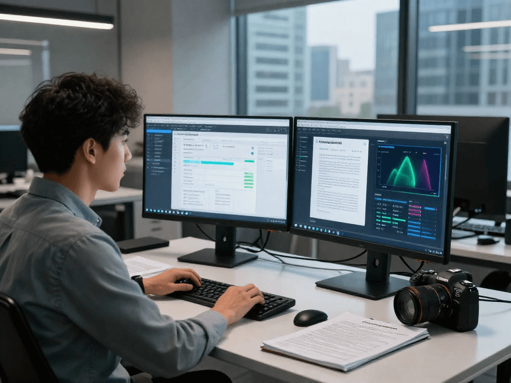 Advanced document fraud detection software analysis in a modern office, showcasing cybersecurity vigilance.