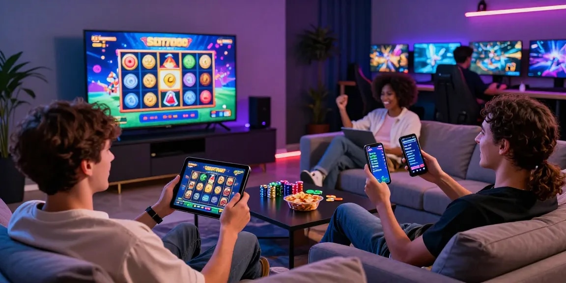 Friends enjoying a lively game session with SLOT7000 displayed on their devices, showcasing the excitement of modern online gaming.
