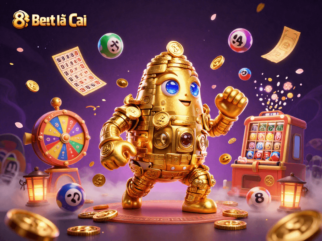 Experience thrilling wins with 8xbet nhà cái, showcasing a golden golem among colorful lottery elements.