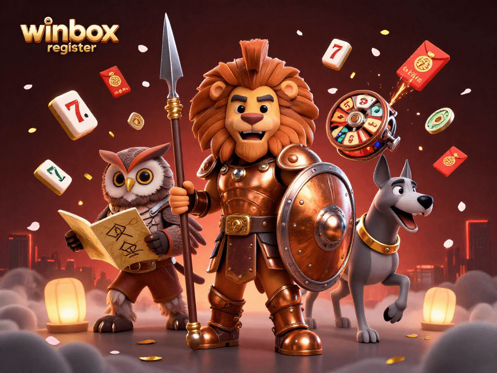 Experience seamless gameplay with winbox register, featuring a bronze-armored lion and dynamic casino elements.