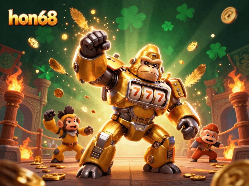 Experience the excitement of hon68 with a dynamic illustration of a golden gorilla mech, bursting with winning potential.