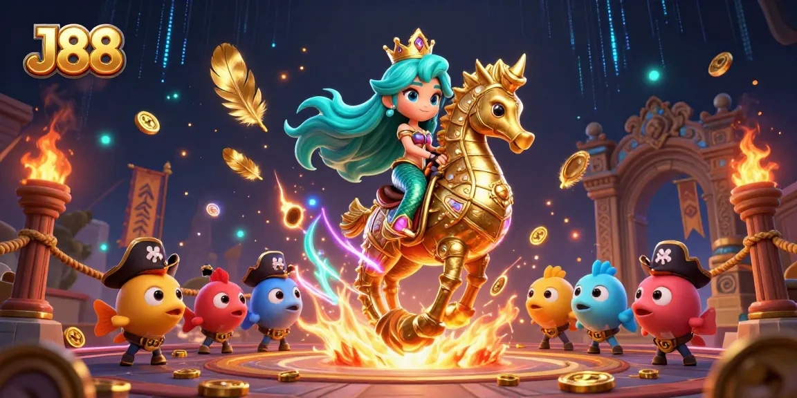 Experience thrilling excitement with J88's vibrant casino-themed mermaid scene full of treasures and adventure.