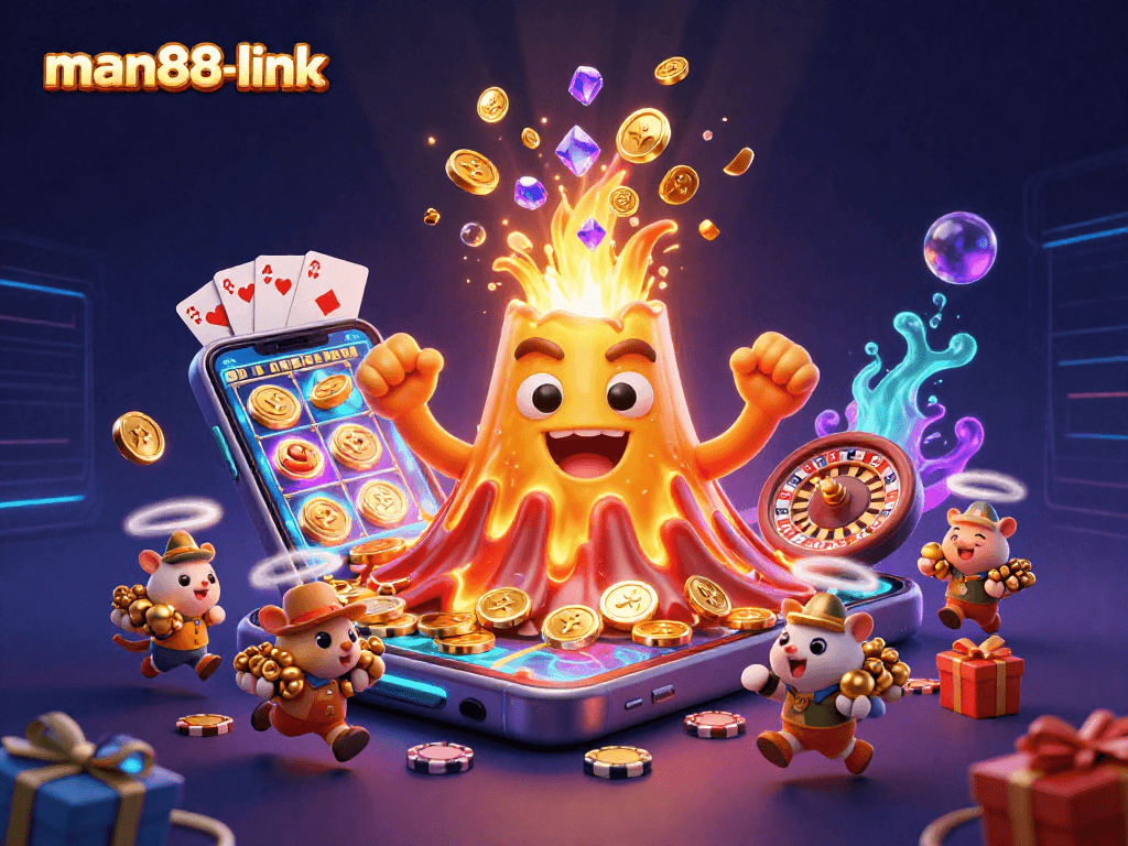 Experience winning with man88-link and a vibrant treasure eruption in a thrilling casino scene.