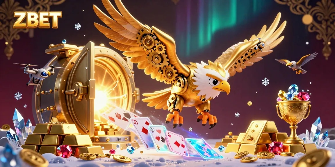 ZBET showcases online gaming adventures with heroes diving through playing cards and treasures.