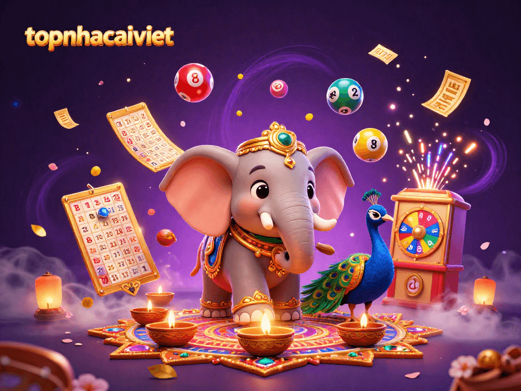 Engage with topnhacaiviet's vibrant casino atmosphere, featuring animated elephants and colorful lottery elements.