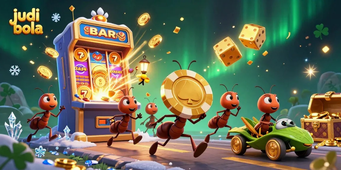 Engage in judi bola action with animated ants carrying a giant poker chip amidst colorful casino elements.