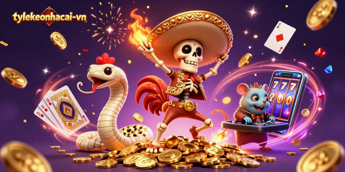 Engage with tylekeonhacai-vn as a lively 3D scene showcases a mariachi rooster and mummy snake amidst casino excitement.
