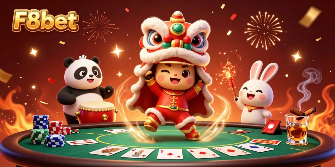 Experience the festive energy of F8bet with a vibrant 3D casino scene featuring card games, celebrations, and lucky symbols.