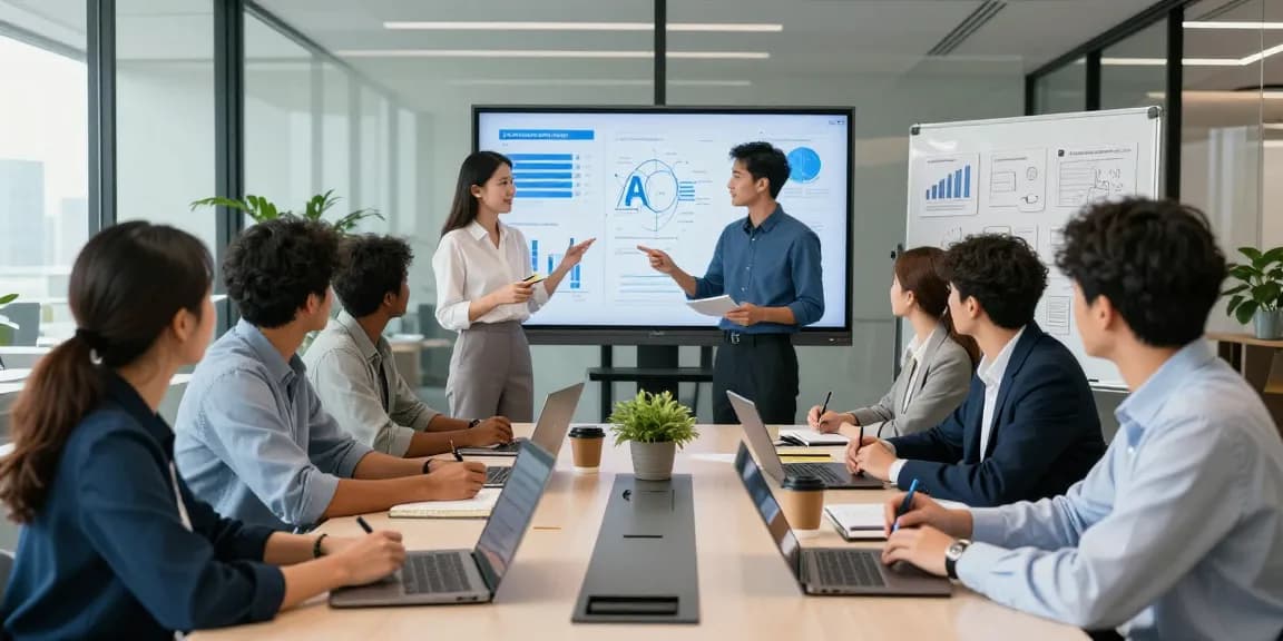 A diverse corporate team discussing AI for business strategies during a dynamic meeting in a modern office.