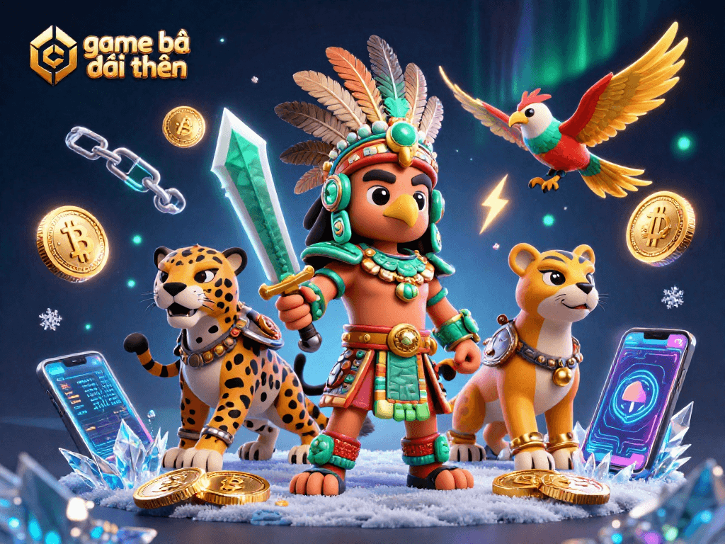 Engage in game bài đổi thưởng with Aztec warriors and vibrant crypto elements in a stunning 3D scene.