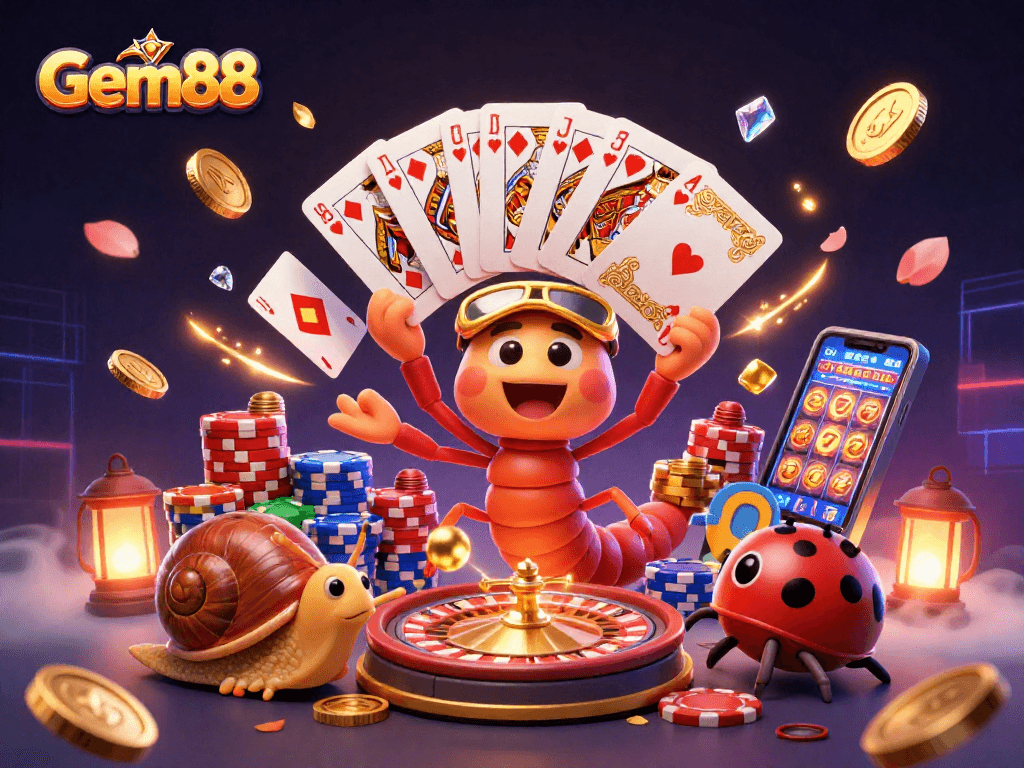 Gem88 showcases a vibrant 3D illustration featuring a millipede dealer and whimsical characters in an animated casino scene