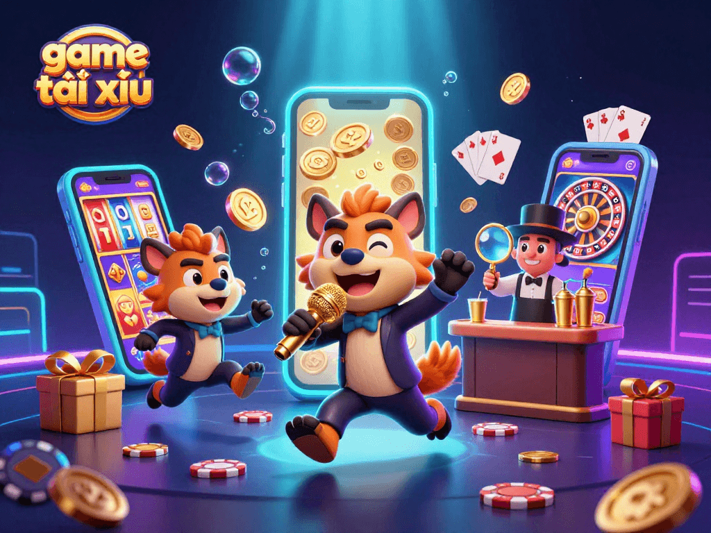 Experience game tài xỉu excitement in a vibrant casino scene with hyenas as lively characters.