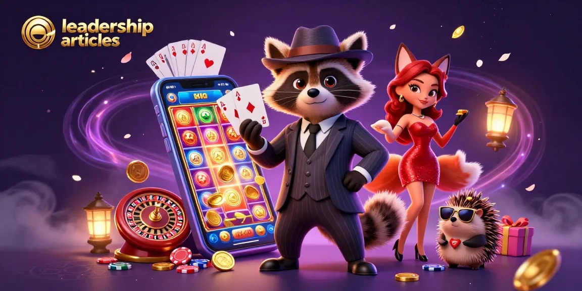 Engaging leadership articles visual featuring a suave raccoon, elegant fox, and bouncer hedgehog amid vibrant casino elements.