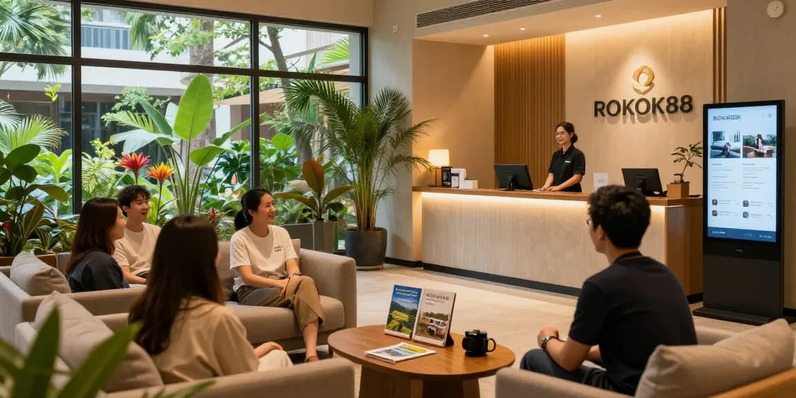 Cozy ROKOK88 lobby inviting guests with serene ambiance and warm staff, perfect for relaxation.