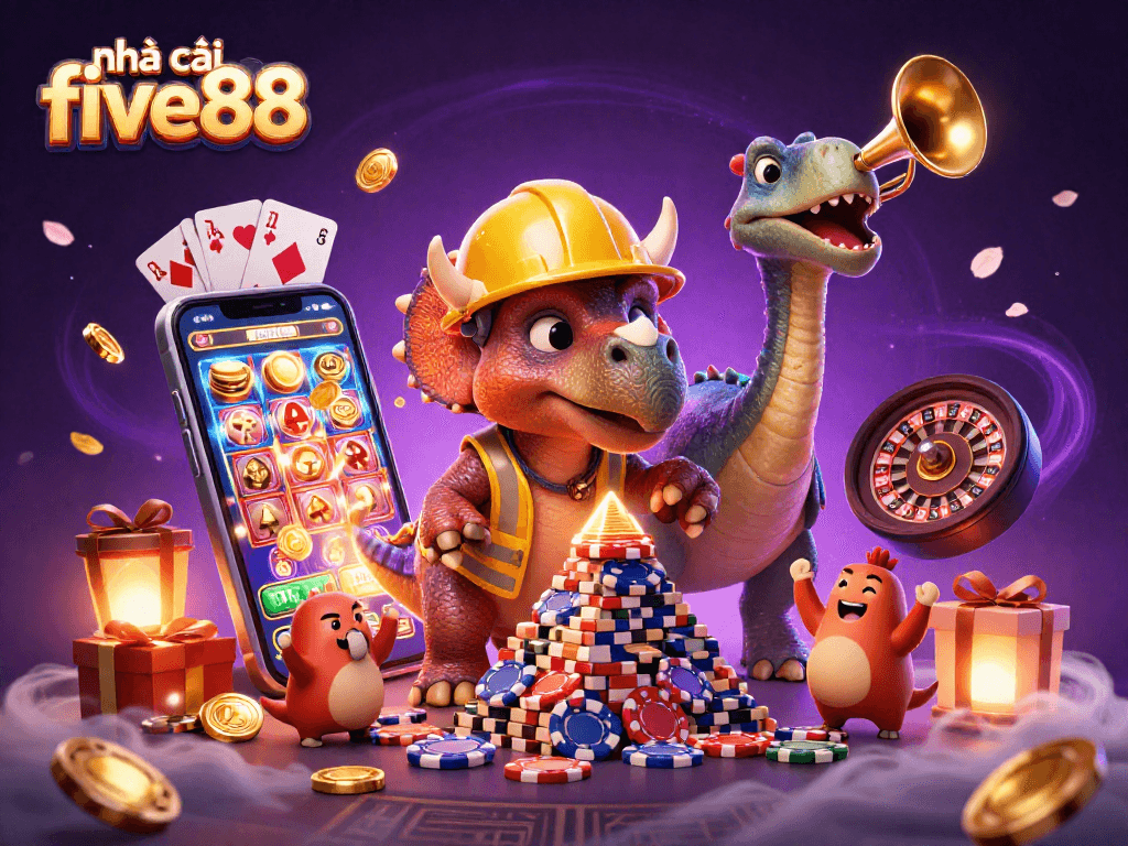 Experience the excitement at nhà cái five88 with vibrant casino illustrations featuring games and celebration.