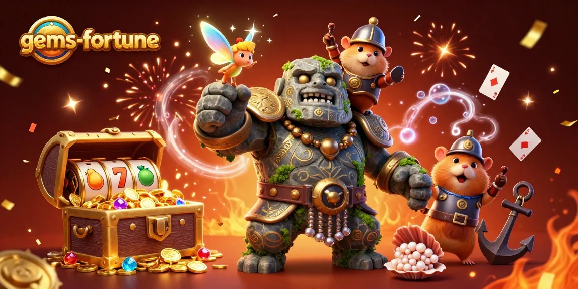 Engage in gems-fortune adventures with animated characters amidst a vibrant casino scene of treasures.