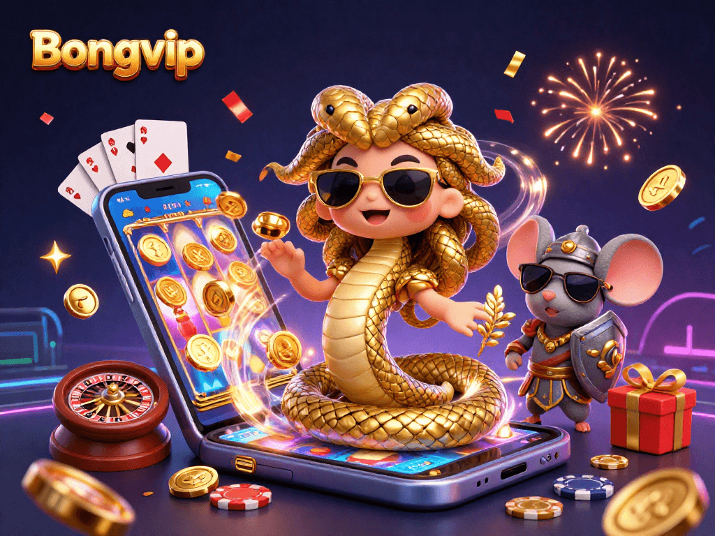 Bongvip engages players with thrilling slot games and dynamic casino action in a vibrant 3D illustration.