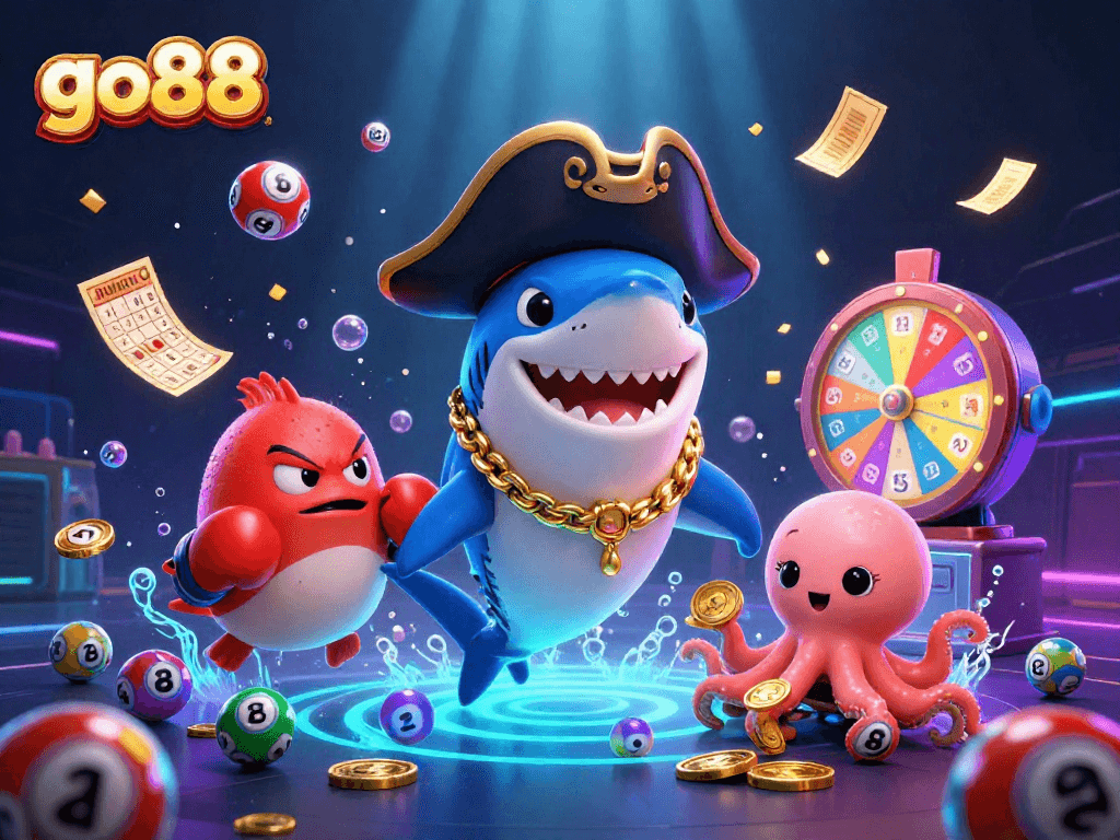 Excite with go88's thrilling gaming scene featuring a pirate shark, pufferfish, and octopus in action!