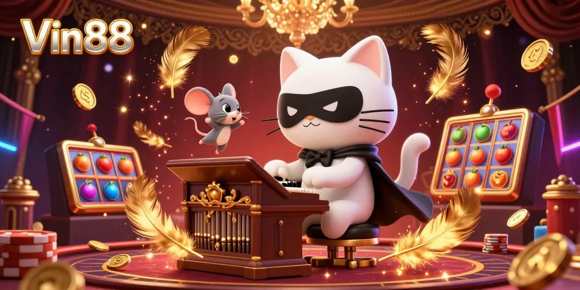 Win big with Vin88 in an ultra-detailed casino scene showcasing a cat at a pipe organ.