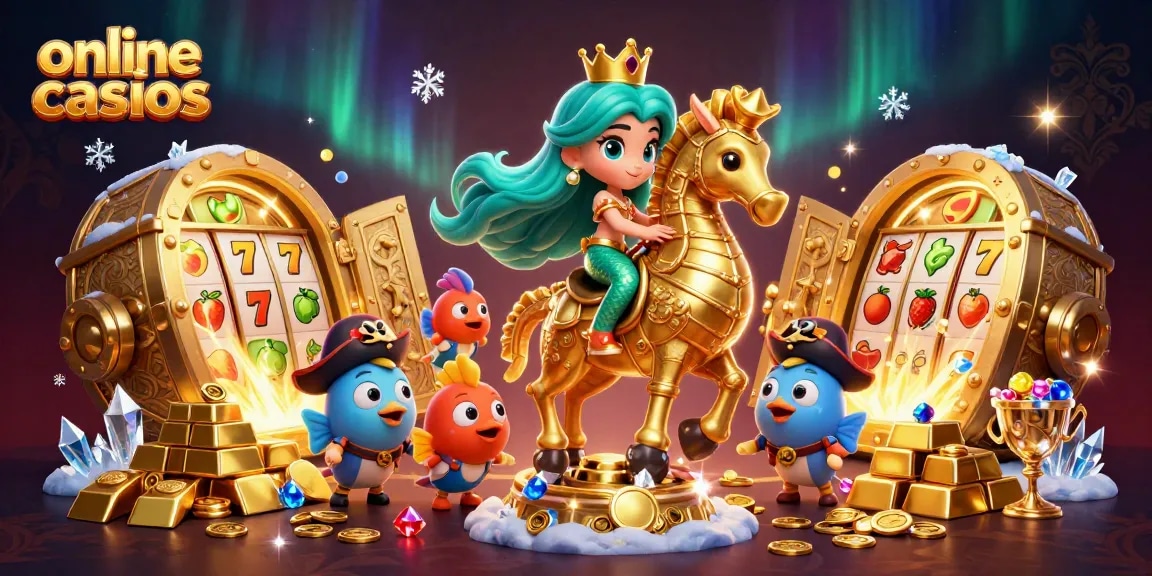 Experience the thrill of online casinos with a mermaid princess riding a golden seahorse among riches and vibrant slot elements.