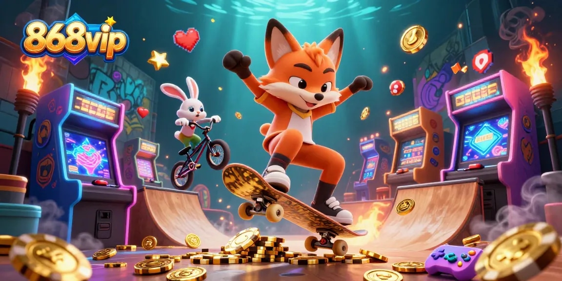 Experience vibrant gaming action with 868vip in a dynamic casino-themed illustration featuring a skateboarder fox.