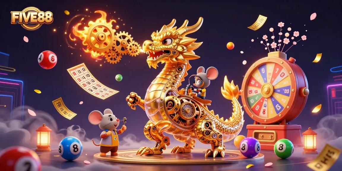 Join the excitement at FIVE88 as a golden dragon breathes gears amidst vibrant lottery elements and gaming energy.