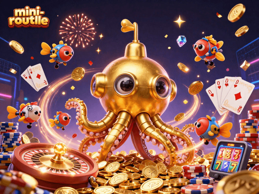 Engage with mini-roulette as a golden kraken submarine surfaces through coins amidst vibrant casino excitement.