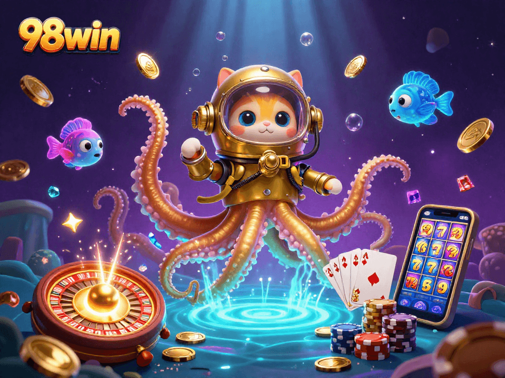 Spin to win with 98win as a kraken and diving cat dive into a treasure-filled casino scene.