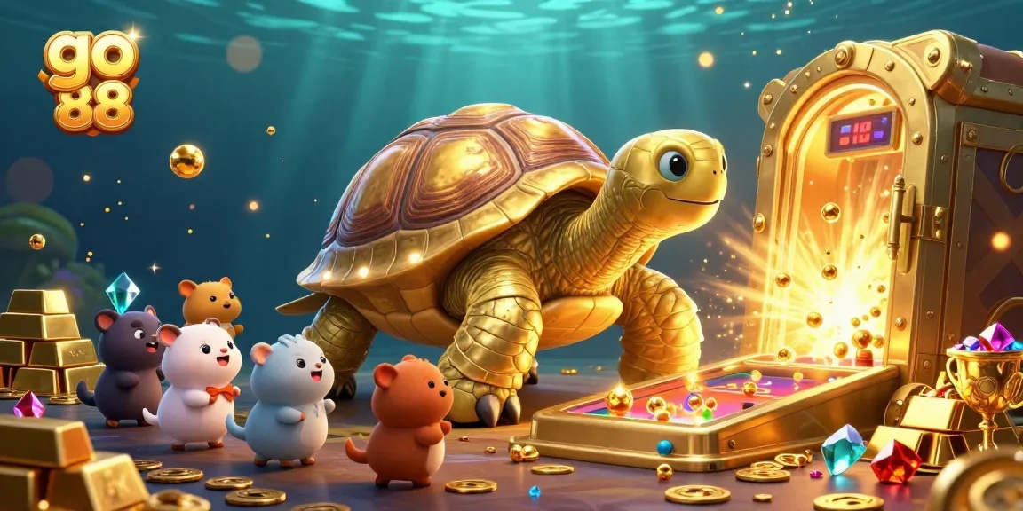 Experience thrilling wins with go 88 as a colossal golden tortoise invites eager players in a treasure-filled casino world.