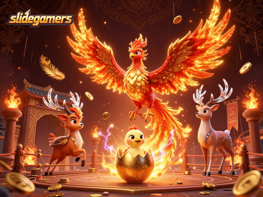 Engage with slidegamers' thrilling gameplay as the mystical phoenix soars and the baby hatches in this vibrant illustration.
